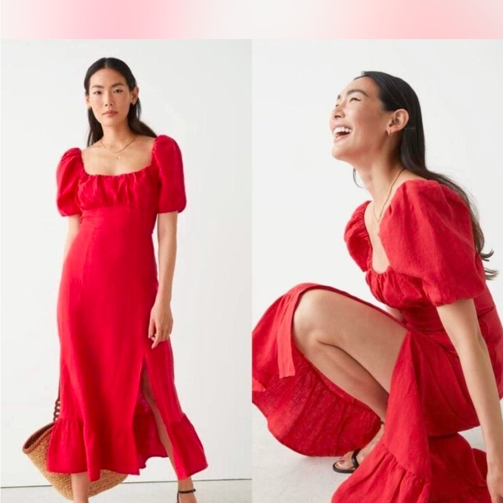 NWT & Other Stories Red Puff Midi Linen Dress in Red